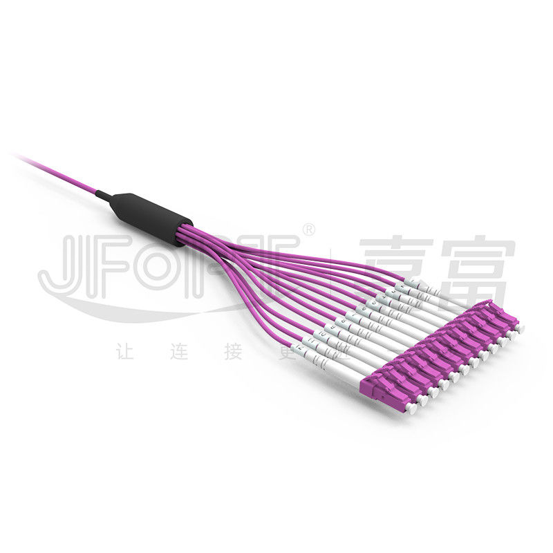 كبل صغير 12 كبل ألياف بصرية تم إنهاؤه مسبقًا مع موصلات LC UPC متعددة الأوضاع OM4 بنفسجي 0.5 متر فرع