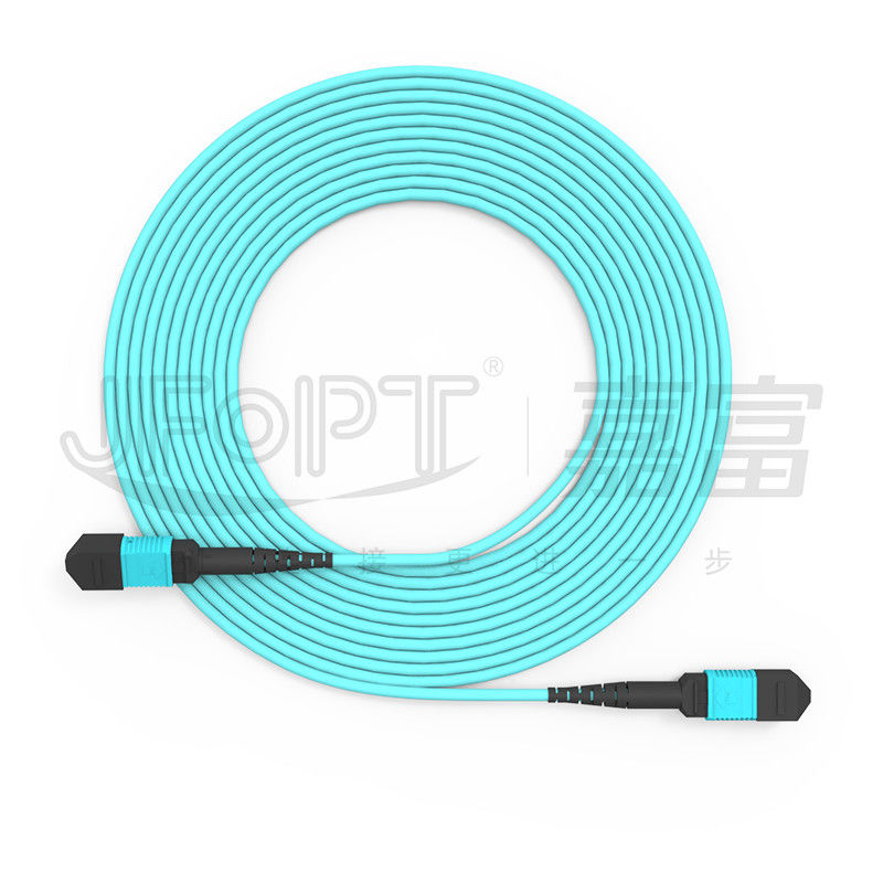 MPO-MPO كابل الجذع Aqua Round Boot Fiber Optic Pigtail Patch Cord لحلول الشبكات متعددة الاستخدامات