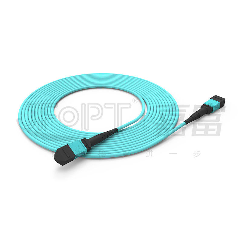 MPO-MPO كابل الجذع Aqua Round Boot Fiber Optic Pigtail Patch Cord لحلول الشبكات متعددة الاستخدامات