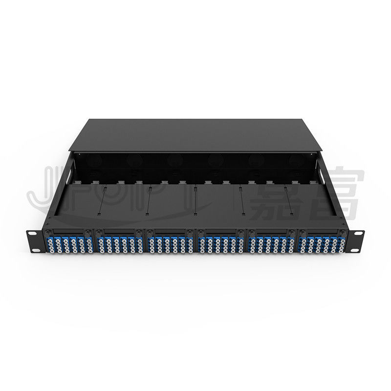 1U MPO-LC G657A1 144 النواة كثافة مربع التقاطع عالي الكثافة مع محول LC هيكل الفولاذ المطاط البارد